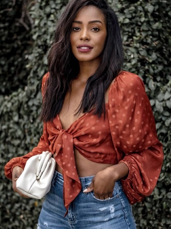 By Together Tops - By Together Rust Polka Dot Tie-Front Crop Top